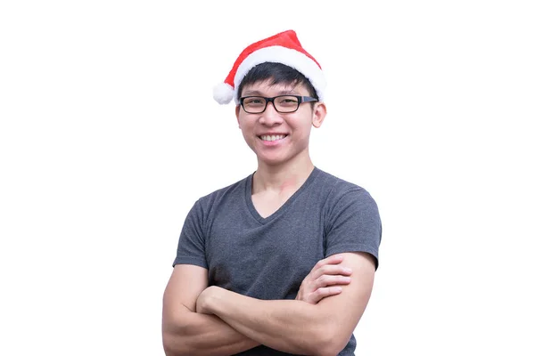 Azji Santa Claus Człowiek Okularach Szarej Koszuli Bardzo Szczęśliwy Izolowane — Zdjęcie stockowe