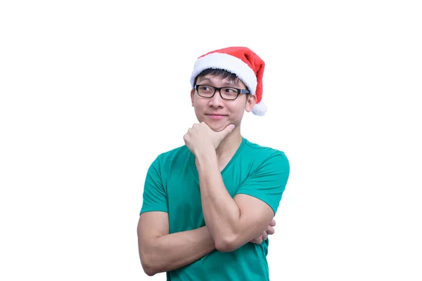 Aziatisch Kerstman Met Bril Groen Shirt Heeft Serieus Denken Voor — Stockfoto