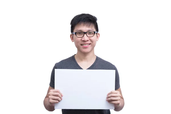 Hombre Asiático Con Anteojos Camisa Gris Tiene Sosteniendo Anuncio Blanco —  Fotos de Stock