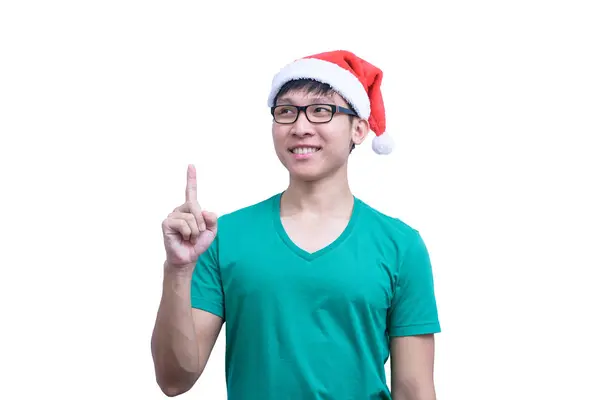 Gözlüklü Yeşil Tişörtlü Asyalı Noel Baba Yeni Bir Fikir Başarı — Stok fotoğraf