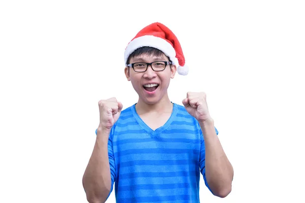 Asiático Papai Noel Homem Com Óculos Camisa Azul Tem Muito — Fotografia de Stock