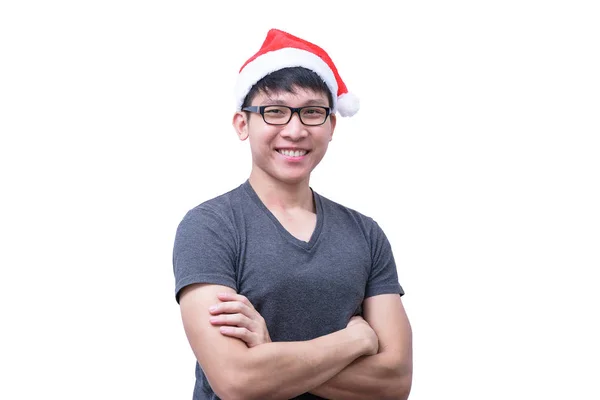 Чоловік Азіатського Санта Клауса Окулярами Сірою Сорочкою Дуже Задоволений Білому — стокове фото
