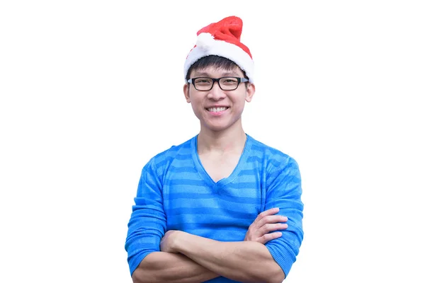 Чоловік Азіатського Санта Клауса Окулярами Синьою Сорочкою Дуже Задоволений Білому — стокове фото