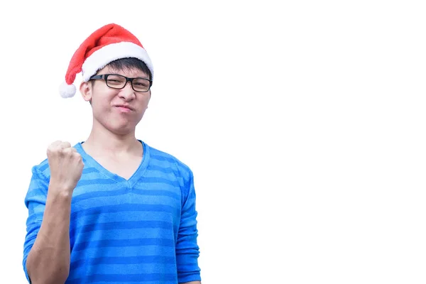 Aziatisch Kerstman Met Bril Blauw Shirt Heeft Zeer Gelukkig Geïsoleerd — Stockfoto