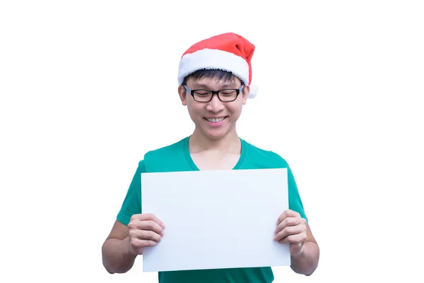 Asiatico Babbo Natale Uomo Con Occhiali Camicia Verde Mano Banner — Foto Stock