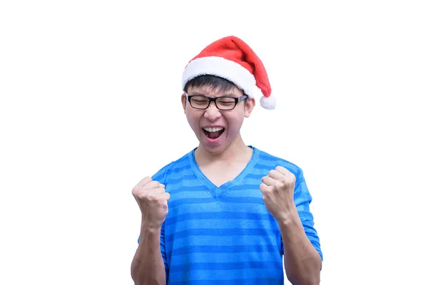 Aziatisch Kerstman Met Bril Blauw Shirt Heeft Zeer Gelukkig Geïsoleerd — Stockfoto