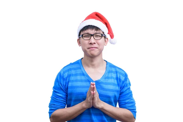 Asiático Papai Noel Homem Com Óculos Camisa Azul Tem Pleitear — Fotografia de Stock