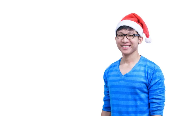 Aziatisch Kerstman Met Bril Blauw Shirt Heeft Zeer Gelukkig Geïsoleerd — Stockfoto