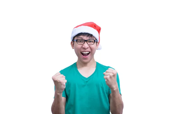 Aziatisch Kerstman Met Bril Groen Shirt Heeft Zeer Gelukkig Geïsoleerd — Stockfoto