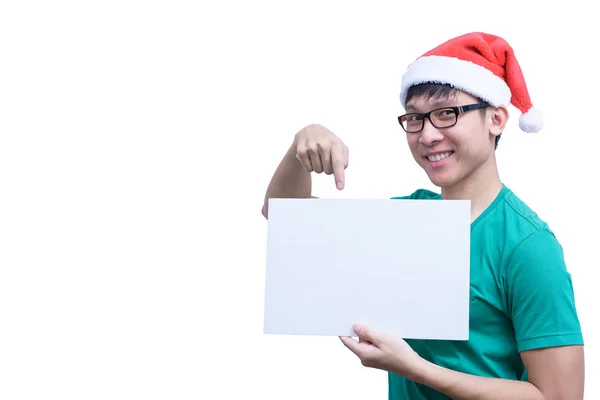 Азиатский Санта Клаус Человек Очках Зеленой Рубашке Держит Белый Пустой — стоковое фото