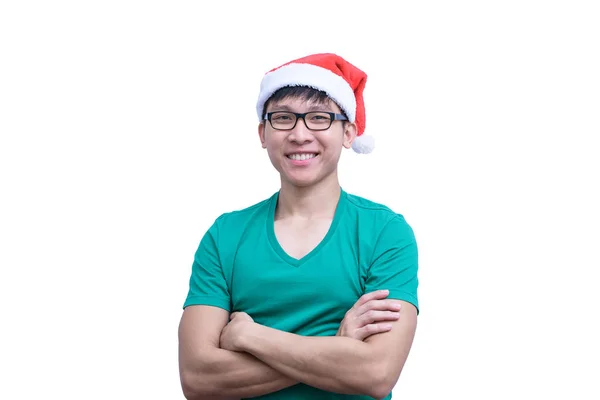 Aziatisch Kerstman Met Bril Groen Shirt Heeft Zeer Gelukkig Geïsoleerd — Stockfoto