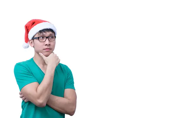 Ásia Papai Noel Homem Com Óculos Camisa Verde Tem Seriuosly — Fotografia de Stock