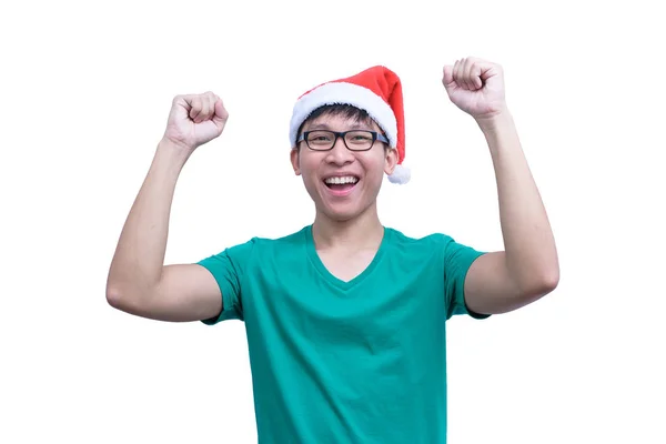 Asyalı Noel Baba Gözlüklü Yeşil Gömlekli Adam Beyaz Arka Planda — Stok fotoğraf