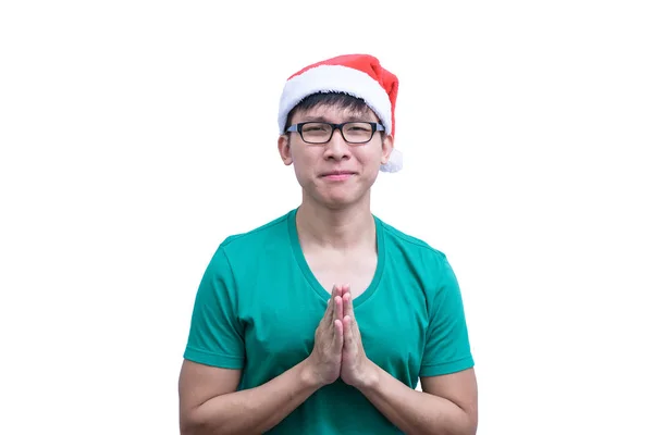 Aziatische Kerstman Man Met Bril Groen Shirt Heeft Pleiten Oproep — Stockfoto