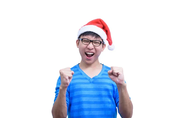 Asiático Papai Noel Homem Com Óculos Camisa Azul Tem Muito — Fotografia de Stock