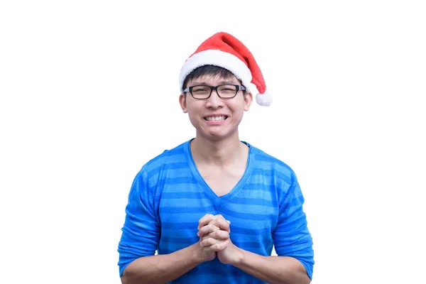Чоловік Азіатського Санта Клауса Окулярами Синьою Сорочкою Благає Закликає Удачі — стокове фото