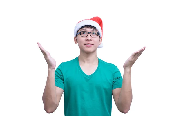 Asiatico Babbo Natale Uomo Con Occhiali Camicia Verde Supplica Appello — Foto Stock