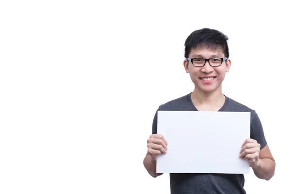 Hombre Asiático Con Anteojos Camisa Gris Tiene Sosteniendo Anuncio Blanco — Foto de Stock