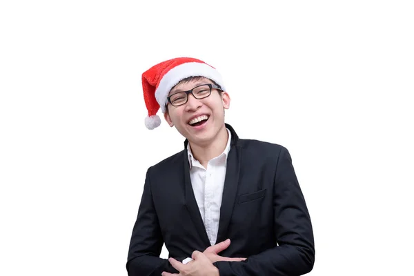 Бізнесмен Щасливий Посміхається Різдвяним Темам Фестивалю Ізольованих Білому Фоні — стокове фото