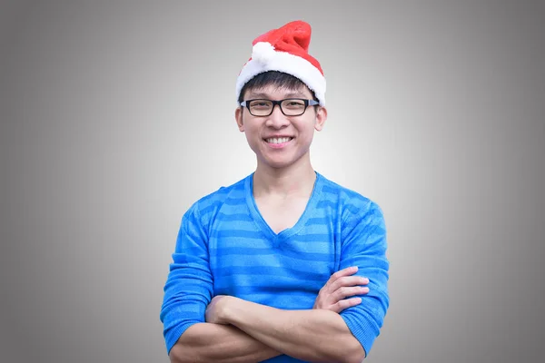안경을 파란색 셔츠를 아시아인 산타클로스는 공간이 배경에서 행복하게 지냈다 — 스톡 사진
