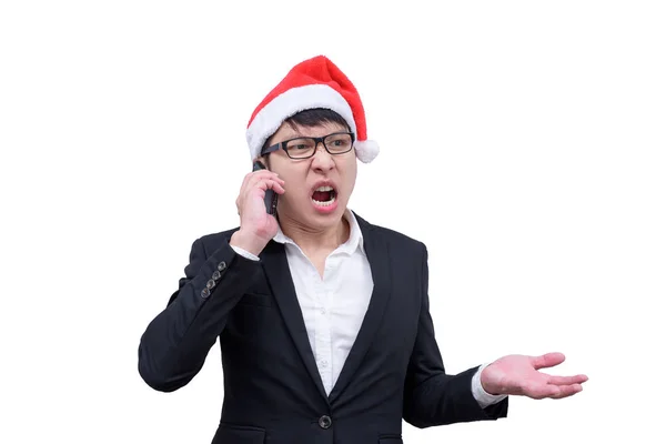 Obchodní Muž Mluví Křičí Vánoční Festivalové Motivy Izolované Bílém Pozadí — Stock fotografie