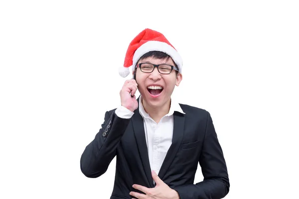 Zakenman Heeft Praten Lachen Met Kerst Festival Thema Geïsoleerd Witte — Stockfoto