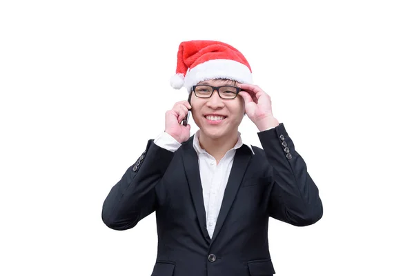 Zakenman Heeft Praten Lachen Met Kerst Festival Thema Geïsoleerd Witte — Stockfoto