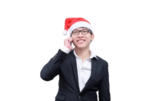 Homem Negócios Tem Conversando Sorrindo Com Temas Festival Natal Isolado — Fotografia de Stock