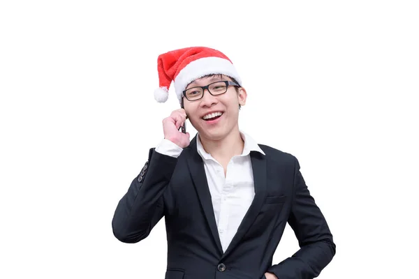 Üzletember Beszél Nevet Karácsonyi Fesztivál Témák Elszigetelt Fehér Háttér — Stock Fotó