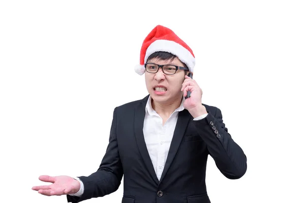 Obchodní Muž Mluví Křičí Vánoční Festivalové Motivy Izolované Bílém Pozadí — Stock fotografie