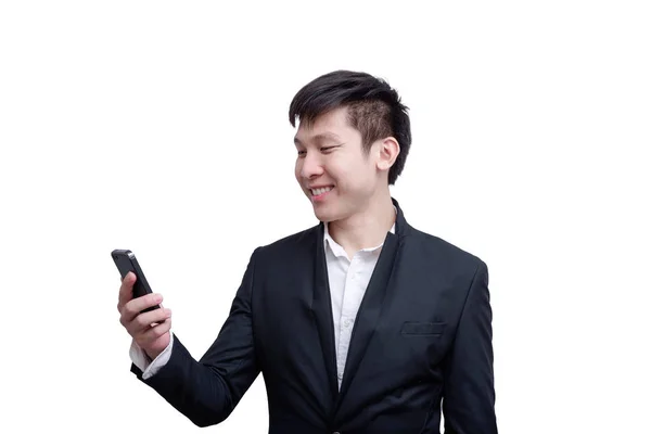 Asia Üzletember Már Tartja Telefont Mosoly Boldog Elszigetelt Fehér Háttér — Stock Fotó