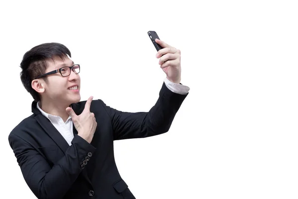 Asia Uomo Affari Mano Telefono Selfie Con Sorriso Felice Isolato — Foto Stock