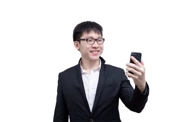 Asia Empresario Tiene Sosteniendo Teléfono Para Trabajar Con Sonrisa Feliz — Foto de Stock
