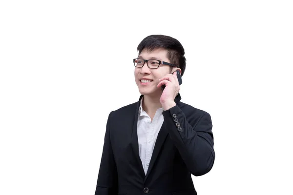 Asia Üzletember Már Gazdaság Egy Telefon Beszélt Mosoly Boldog Elszigetelt — Stock Fotó