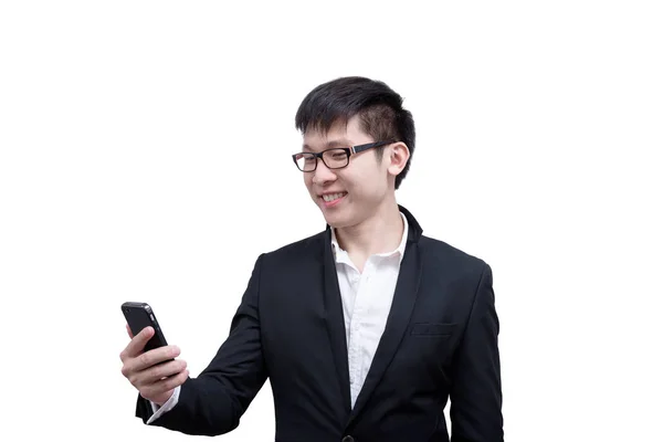 Азія Бізнесмен Має Тримаючи Телефон Роботи Усмішкою Щасливі Ізольовані Білому — стокове фото