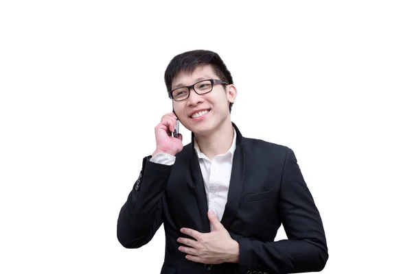 亚洲商人拿着一部电话 在白色背景下微笑着交谈 快乐地交谈 — 图库照片