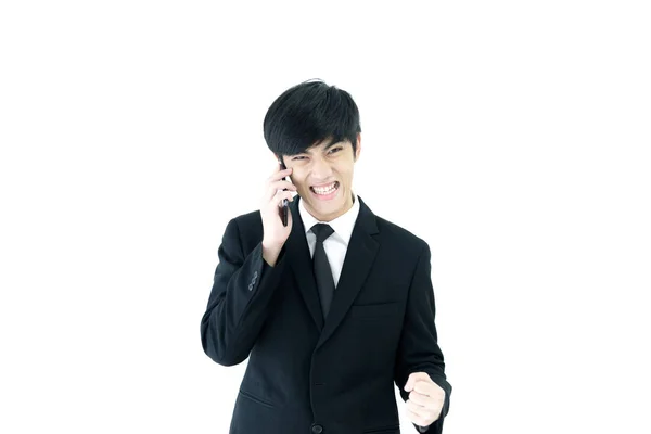 Ázsia Üzletember Fekete Öltöny Fekete Nyakkendő Van Érzés Győzelem Elszigetelt — Stock Fotó