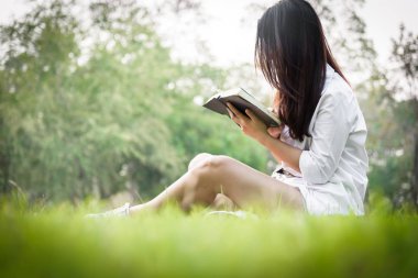 Güzel Asyalı kadın bahçede kitap okuyor. Mutlulukla ve akşamları gün batımında dinleniyor..