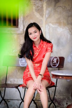 Mutlu Çin Yeni Yılı konsepti olan Asyalı Çinli ve Taylandlı kız portresi.