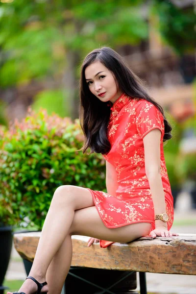 Porträtt Asiatisk Kinesisk Och Thailändsk Flicka Med Happy Chinese New — Stockfoto