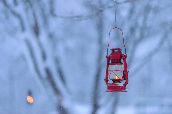 Den Röda Lampan Skogen Med Tung Snö Vintertid Tuupovaara Finland Stockbild