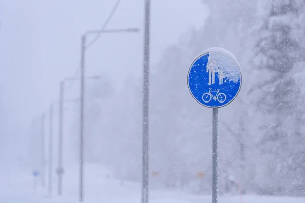 Σημάδι Ενός Ποδηλατικού Μονοπατιού Και Ενός Πεζού Στο Δρόμο Χειμώνα — Φωτογραφία Αρχείου
