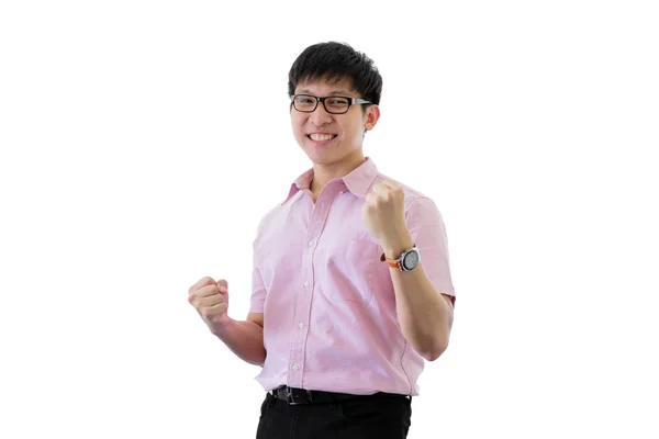 Asiatisk ung affärsman har står med glada på isolerade o — Stockfoto