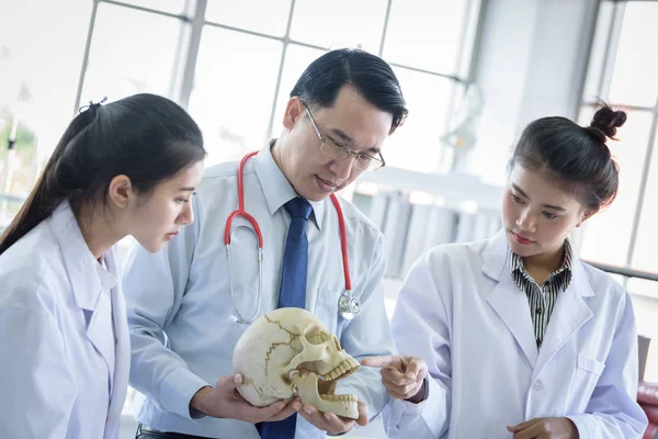 Asiática profesora ha enseñando a los estudiantes acerca de la ciencia y anatómica — Foto de Stock