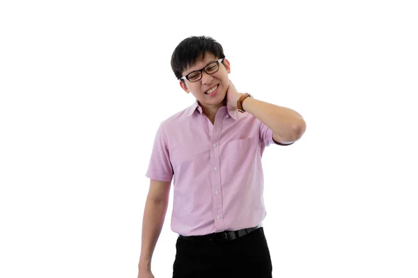 Aziatisch jong zakenman heeft staan met nek pijn op geïsoleerde — Stockfoto