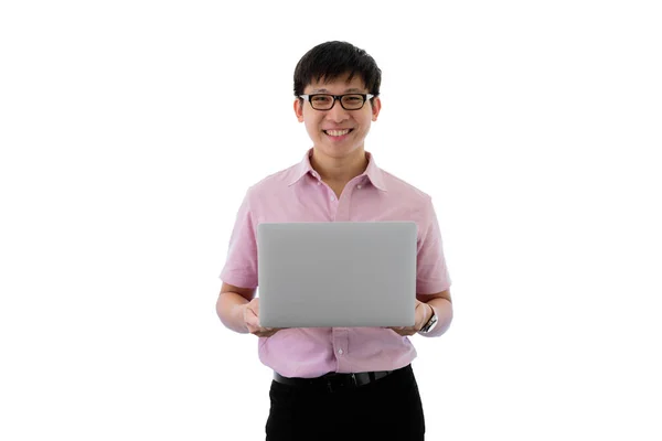 Asiatische junge Geschäftsmann hat Steh- und Laptop-Halter für die Arbeit — Stockfoto
