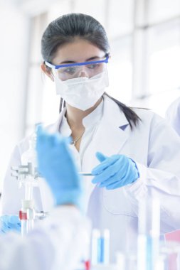 Asyalı bilim adamı ekibi laboratuvarda araştırma yapıyor..