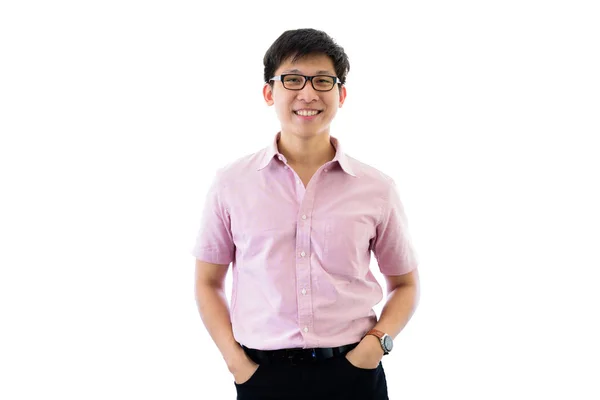 Asiático jovem empresário tem pé com feliz no isolado em w — Fotografia de Stock