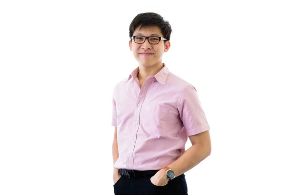 Asiático jovem empresário tem pé com feliz no isolado em w — Fotografia de Stock