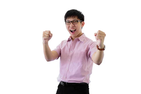 Aziatisch jong zakenman heeft staan met vrolijk op geïsoleerde o — Stockfoto